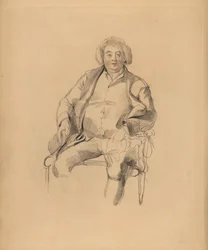 Porträt von Sir Thomas Lawrences Vater, Gastwirt Thomas Lawrence. Korpulenter Mann mit Perücke auf einem Stuhl sitzend. Handkolorierter Stich von Frederick Christian Lewis nach einer Illustration von Sir Thomas Lawrence aus P.G. Patmores Cabinet of Gems, A
