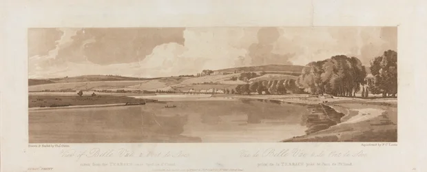 Ansicht von Belle Vue und Pont de Seve von der Terrasse in der Nähe von Pont de St. Cloud 1802; Platte 13 Ansichten in Paris, das Emanuel-Volumen Nachzeichnung der Platte B1981.25.2622