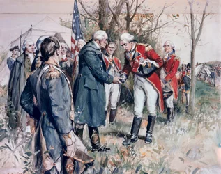 Amerikanischer Unabhängigkeitskrieg (1775-1783): Die Kapitulation des britischen Generals John Burgoyne (1722-1792) in Saratoga, 1777 - Illustration von F.C. Yohn