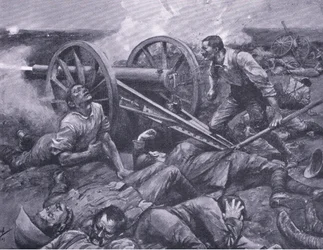 Die Verteidigung von Dewetsdorp: Bedienung einer 15-Pfünder-Kanone im Alleingang, Illustration aus After Pretoria: The Guerilla War, 1902