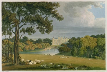 Ansicht von Burghley House, Sitz des Marquis von Exeter, graviert und veröffentlicht von Robert Havell (1769-1832), 1819 (Farbstich)