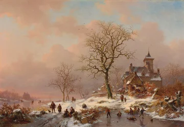 Winterlandschaft mit Figuren, die auf dem Eis spielen, 1868