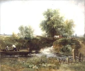 Fluss mit Pferden, die überqueren und Boot