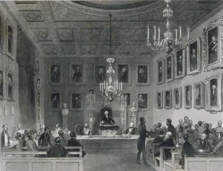 Ansicht des Inneren von Somerset House, zeigt ein Treffen der Royal Antiquarian Society, ca. 1840