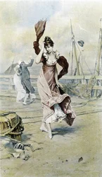 Frau am Meer - Allegorie des frühen Frühlings, Kalender illustriert von Hubert Dys, gemalt von F.H. Kaemmerer