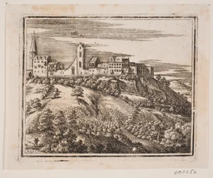 Ein Bergdorf, liegt links