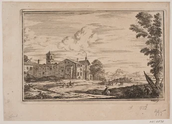 Klostergebäude, links in italienischer Landschaft