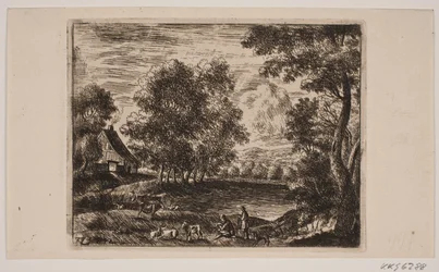 Landschaft. Im Vordergrund Ziegen und Hirten