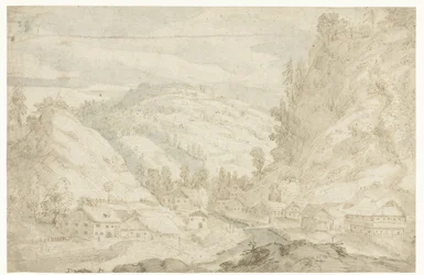 Ansicht eines Tals mit einem Dorf und einem Bergbach (Skizzenbuch)
