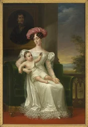 Josephine von Leuchtenberg, Königin von Schweden und Norwegen (mit ihrem Sohn Karl XV. im Arm, vor einem Porträt König Oskars I. sitzend)