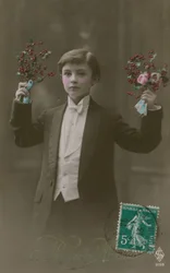 Junge im Frack mit Blumen und Beeren (handkoloriertes Foto)