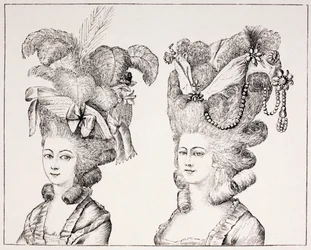 Französische Mädchen des 18. Jahrhunderts mit extravaganten Frisuren und Hüten, 1875