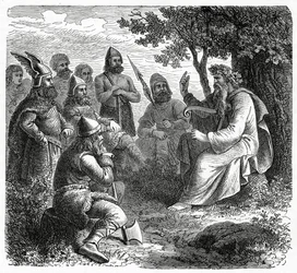 Ein Barde rezitiert vor Nordmännern, ca. 1882 (Holzstich)