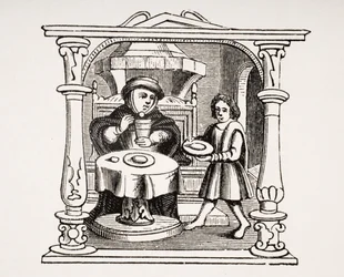 Ein Bürger isst seine Mahlzeit, nach einer Illustration in einem Manuskript aus dem 16. Jahrhundert, aus Le Moyen Age et La Renaissance von Paul Lacroix (1806-84) veröffentlicht 1847
