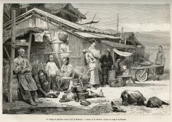Ein chinesisches Fischerdorf in der Nähe von Monterey, Kalifornien, bezeugt die bedeutende chinesische Gemeinschaft an der Pazifikküste der Vereinigten Staaten. Gravur nach einer Zeichnung von D. Maillard, zur Illustration der Geschichte La conquête blanch