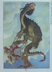 Ein Drache fällt vom Himmel, Illustration aus dem ungarischen Märchen 