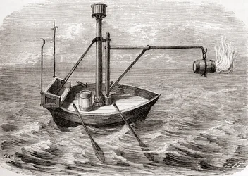 Ein griechisches Feuerschiff, nach einer Zeichnung in einem lateinischen Manuskript aus dem 13. Jahrhundert, aus Les Merveilles de la Science, veröffentlicht um 1870 (Stich)