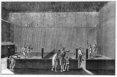 Ein Jeu de Paume unter der Herrschaft von Ludwig XIV., basierend auf einem Druck aus der Enzyklopädie von Diderot und Alembert