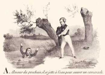 A: Nächstenliebe, er wirft sich ins Wasser, um einen Kameraden zu retten