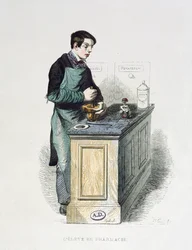 Ein Pharmazieschüler bereitet Medizin vor, Illustration aus Les Francais peints par eux-memes, Editions L. Curmer, 1841