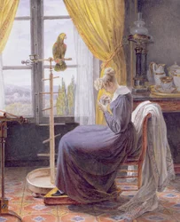 Eine Frau füttert einen Papagei in einem Innenraum, um 1820