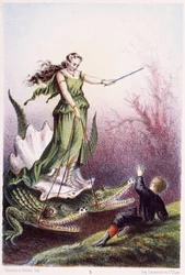 Ein Junge vor einer Frau auf einem von zwei Krokodilen gezogenen Wagen - in "Reise zum Meeresgrund" von H. de la Blanchère. Paris, ed. Jouvet et Cie, sd. 1880