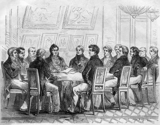 Ein Konzil der Abgeordneten des Bürgertums im Palais Royal in Paris unter Charles X und der Restauration. Gravur in „Histoire des Papes-Rois-Queen und Empereurs à travers les siècles“ von Maurice Lachatre