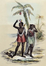 Ein Paar und ein Baby an einem Strand; Illustration zu den Marquesas-Inseln in „Die zwölf Nationen“ von M. E. Fouinet