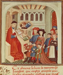 Eine Familie vor einem Finanzier, Miniatur aus Ethik, Politik, die Wirtschaft von Aristoteles, Frankreich