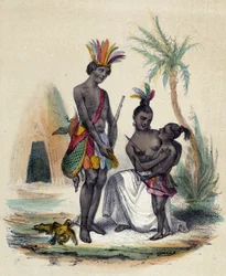 Eine Familie kanadischer Indianer vor ihren Tipis; Illustration für Kanada, - in „The twelve Nations“ von M.E Fouinet