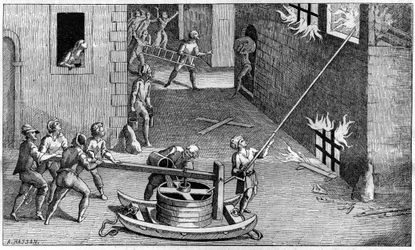 Feuerpumpe zu Beginn des 17. Jahrhunderts, nach Salomon de Caus.