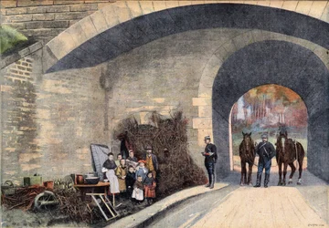 Eine obdachlose Familie unter einer Brücke in Paris. Gravur aus der Zeitung 