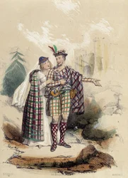 Ein Mann, der einen Kilt trägt, und sein Begleiter vor einem Schloss; Illustration zu Schottland in „Die zwölf Nationen“ von M. E. Fouinet