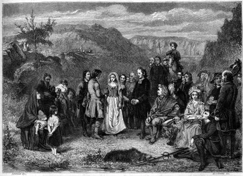 Eine Hochzeit von Puritanern (Presbyterianern) in Schottland. Gravur von Freeman in „Le Magasin pittoresque“