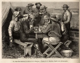 Eine Mahlzeit der Dienstmänner der Mission von 1872, am Lagerplatz, vor der ersten Felderkundung, graviert nach der Zeichnung von G. Massias, zur Illustration einer Reihe geografischer Missionen durch den Nationalpark der Vereinigten Staaten, von 1870 bis 