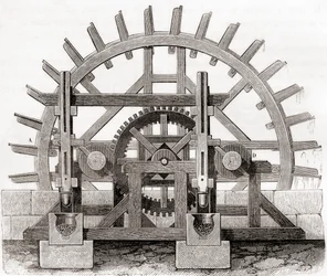 Eine Pulvermühle und ihr Wasserrad, nach einer Zeichnung aus dem 19. Jahrhundert, aus Les Merveilles de la Science, veröffentlicht um 1870 (Gravur)