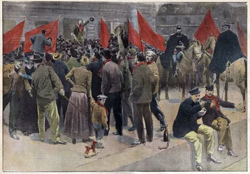 Öffentliche Versammlung der Streikenden vor dem Rathaus von Montceau-les-Mines (Saône-et-Loire), wo fast 10.000 Streikende seit über einem Monat die Arbeit niedergelegt haben. Gravur in "Le pèlerin" 8/09/1901. Selva-Sammlung.