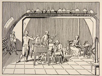 Ein Atmungsexperiment im Labor von Lavoisier, Kopie von Boris Mestchersky, Illustration aus Histoire de la Nation Francaise, Sciences, Bände I & II, von Gabriel Hanotaux, 1924