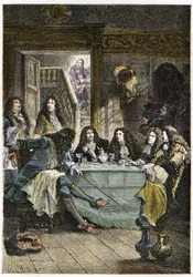 Ein Salon (Kabarett), der die französischen Schriftsteller Jean de La Fontaine, Nicolas Boileau-Despréaux, Dramatiker Jean Baptiste Poquelin genannt Molière und Dichter Jean Racine zusammenbringt