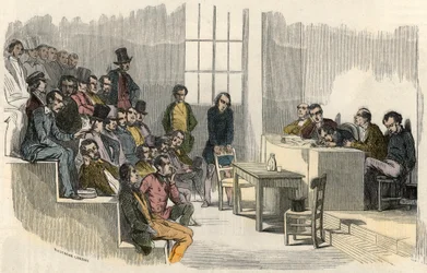 Eine Sitzung des Aggregationswettbewerbs an der Sorbonne in Paris im 19. Jahrhundert - Gravur in "Tableau-de-Paris" von Edmond Texier 1852