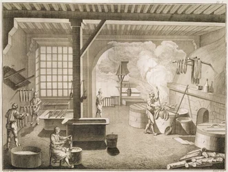 Eine Seidenfärberei, aus der Encyclopedie des Sciences et Metiers von Denis Diderot (1713-84) veröffentlicht ca. 1770