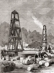 Eine Erdölquelle am Oil Creek am Allegheny River, Pennsylvania, USA im Jahr 1858, entdeckt von Edwin Laurentine Drake, alias Colonel Drake, aus 