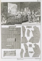 Eine Schneiderwerkstatt und Muster, aus der Encyclopedie des Sciences et Metiers von Denis Diderot (1713-84) veröffentlicht ca. 1770