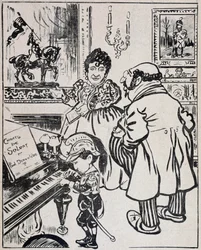 Eine gebrauchte Bronze, Karikatur mit Schlachtschiffen, Noten für Deroulede auf dem Klavier und Statuette von Jeanne d