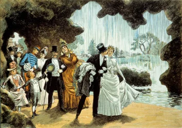 Eine Hochzeit an einem Wasserfall. Ehepaar im Parc des Buttes Chaumont (?). Druck aus dem späten 19. Jahrhundert Privatbesitz