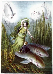 Eine Frau und ein Junge fliehen vor riesigen Fischen auf Haien - in "Reise zum Meeresgrund" von H. de la Blanchère. Paris, ed. Jouvet et Cie, sd. 1880