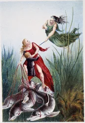 Eine Frau greift eine andere Frau und einen Jungen an, der von Delfinen geführt wird - in „Reise zum Meeresgrund“ von H. de la Blanchère. Paris, Hrsg. Jouvet et Cie, sd. 1880