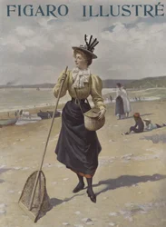 Eine Frau geht am Strand entlang und trägt Angelausrüstung