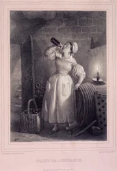 Vertrauensmissbrauch (Hausangestellter trinkt Wein im Keller) (Lithografie)