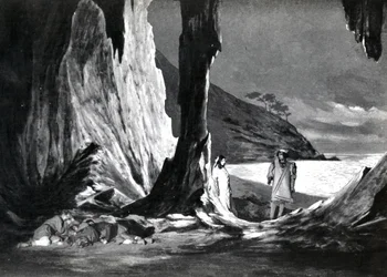 Akt II, Szene 3 von Pelléas et Mélisande von Debussy, aus einem Foto der ersten Aufführung im April 1902 der Oper an der Opéra-Comique in Paris, Illustration in Theatre Magazine, Juni 1902